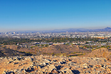 South Mountain Park and Preserve Views from Pima Canyon Hiking Trail, Phoenix, Southern Arizona desert. United States.