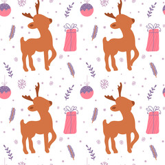 Christmas minimalistic seamless pattern with reindeer, present, and ball. Vector illustration with a winter motif for paper wrapping, postcards.