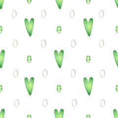 Pattern with green hearts. Pencil isolated illustration on a white background. Seamless pattern, illustration for postcards, posters, textile design and other things.