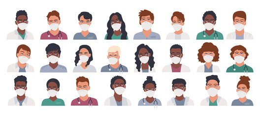 Professional doctor and nurse avatars in mask and with stethoscope. Medicine professionals and medical staff people isolated on white background. Collection of icons vector illustration in flat style