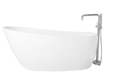 A modern white bathtub with a stainless metal faucet isolated on a white background