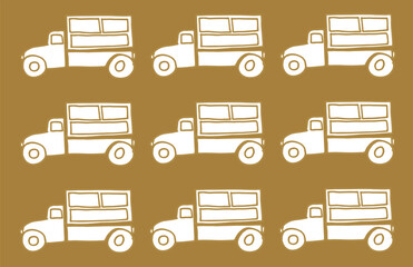 nine white truck vector illustration on brown background. truck with box, container icon. hand drawn vector. doodle for kids, sticker, logo, poster, banner, wallpaper, fabric, cover, wrapping paper.