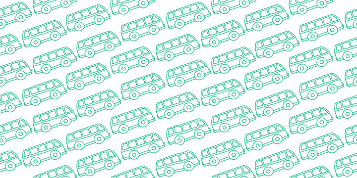 thin green outlineminivan icon isolated on white background. seamless pattern. hand drawn vector. doodle for kids, wallpaper, cover, backdrop, fabric, baby clothes, wrapping paper and gift. 