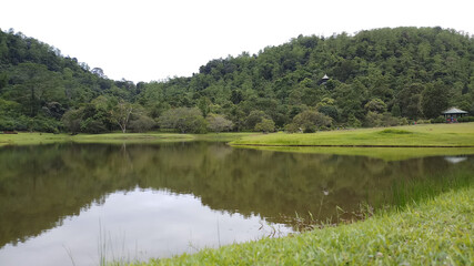 The lake view of the hill country environment. Greenery view of water source in Sri Lanka.