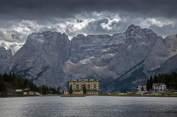 Dolomite Alps. View on the lake Misurina and mountains behind it. (province of Belluno (Cadore), Italy)