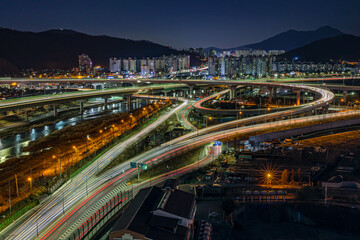 Fototapeta na wymiar South Korea Expressway IC Night Scenic Area, Long Exposure Photograph
