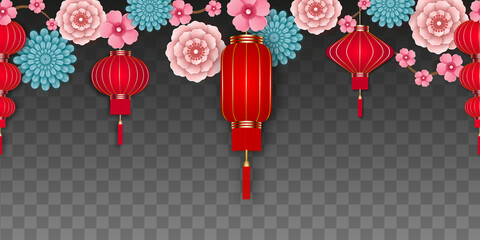 chinese new year seamless banner with red lanterns and flowers