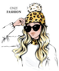 Fashion woman in sunglasses. Beautiful young woman in knitted cap with leopard print. Vector illustration.