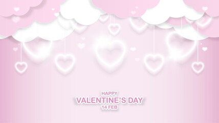 Valentine's day background. White lanterns hearts, Clouds, and heart shape bokeh isolated on light pink background. Symbol of love. Element for decor greeting, party, banner. Vector illustration.
