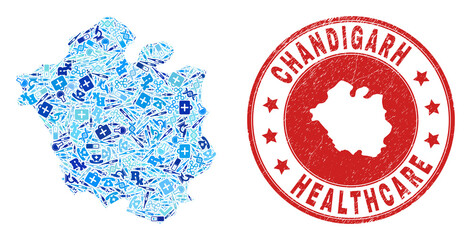 Vector collage Chandigarh City map with syringe icons, first aid symbols, and grunge doctor watermark. Red round imprint with grunge rubber texture and Chandigarh City map caption and map.