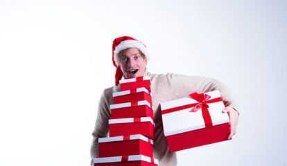 santa claus with gifts. Christmas man. Gifts. Celebration. Happy day. Emotion. 