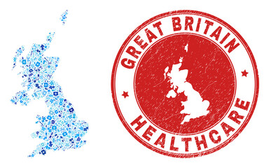 Vector collage United Kingdom map with dose icons, medicine symbols, and grunge healthcare rubber imitation. Red round imprint with grunge rubber texture and United Kingdom map text and map. - 401723662