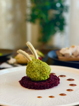 Pistachio Crusted Lamb Chop With Beetroot Confit