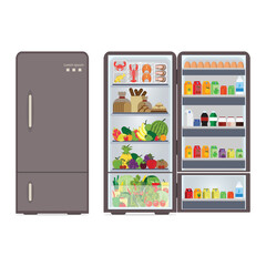 Modern closed and opened refrigerator full of food and drink.