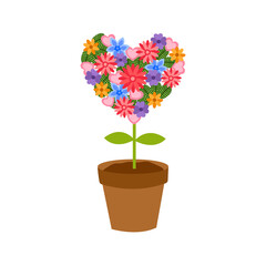 Colorful flower plant in heart shape. Idea for Valentine’s Day greeting card, poster, banner. Love tree in flat design on white background.