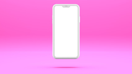 White cell phone mockup on light pink background. Three-dimensional illustration template.