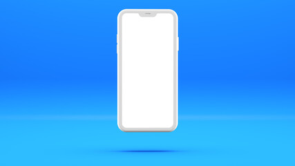White cell phone mockup on light blue background. Three-dimensional illustration template.