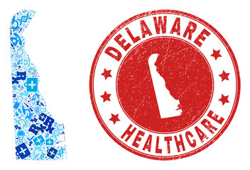 Vector mosaic Delaware State map with medical icons, analysis symbols, and grunge doctor seal stamp. Red round seal with grunge rubber texture and Delaware State map word and map.