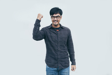 Fototapeta premium adult asian man.young male wear eye glasses.posing smiling look excited surprised thinking positive happy joy life.empty,copy space for text advertising.white background.attractive fashion people