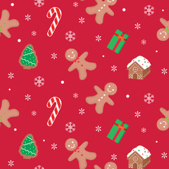 Seamless pattern of gingerbread man and house with snowflakes and candy cane and present box 