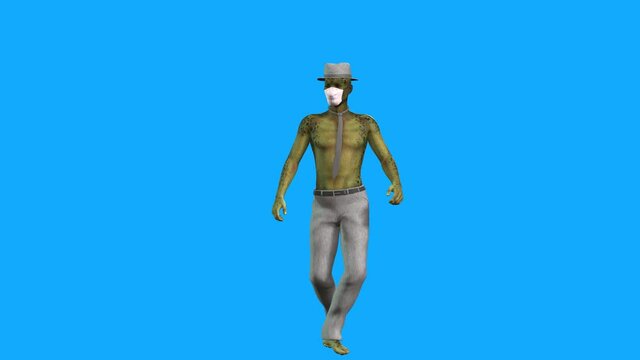 3d animation avatar man with reptile skin  represents the virus  and wearing a face mask dances and celebrates a temporary victory over humans in the battle with the coronavirus.