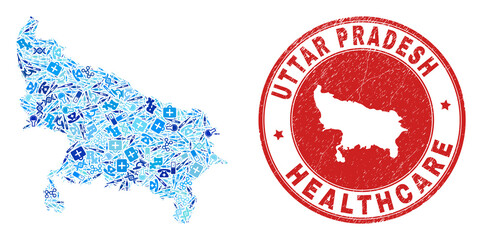 Vector mosaic Uttar Pradesh State map with healthcare icons, test symbols, and grunge healthcare imprint. Red round stamp with grunge rubber texture and Uttar Pradesh State map tag and map.