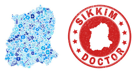 Vector collage Sikkim State map with vaccine icons, test symbols, and grunge health care rubber imitation. Red round stamp with corroded rubber texture and Sikkim State map word and map.