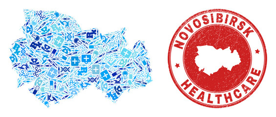 Vector mosaic Novosibirsk Region map with inoculation icons, hospital symbols, and grunge health care rubber imitation.