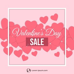 Editable square banner design. Valentine's day sale announcement banner. Pink heart with white frame illustration. Usable for social media feed, banner, and web internet ads. Flat design vector.