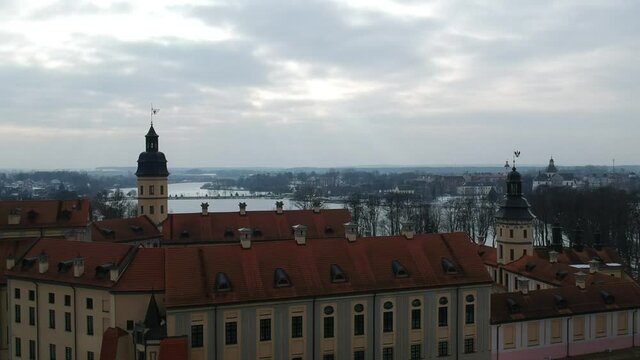 An aerial view of the beautiful city of Minsk, Belarus with the famous Nesvizh Castle in winter