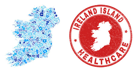 Vector mosaic Ireland Island map with vaccination icons, labs symbols, and grunge doctor stamp. Red round stamp with grunge rubber texture and Ireland Island map tag and map.