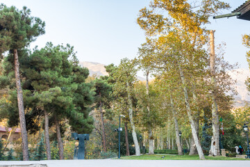 Forest in autumn with background of mountain in Sa'dabad palace Complex, built by the Qajar and Pahlavi monarchs, located in Shemiran, Greater Tehran, Iran