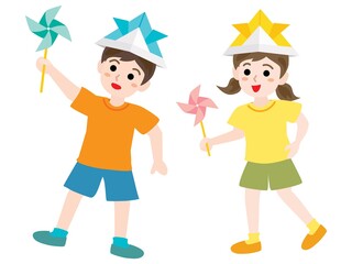 こどもの日にかざぐるまで遊ぶ子供たち