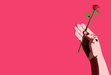 一輪の薔薇を持った手のイラスト ピンク色の背景 Wall Mural Dahlia