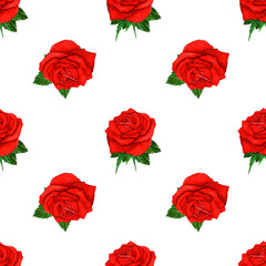 Seamless pattern with red rose buds.On white background. Ornate watercolor hand drawn illustration.For holiday greeting cards,postcards,wallpapers,wrapping papers,printings,fabrics,textiles.