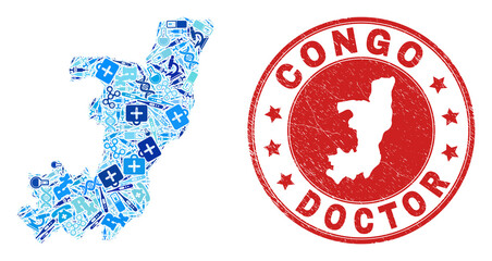 Vector collage Republic of the Congo map of dose icons, labs symbols, and grunge doctor watermark. Red round watermark with grunge rubber texture and Republic of the Congo map tag and map.