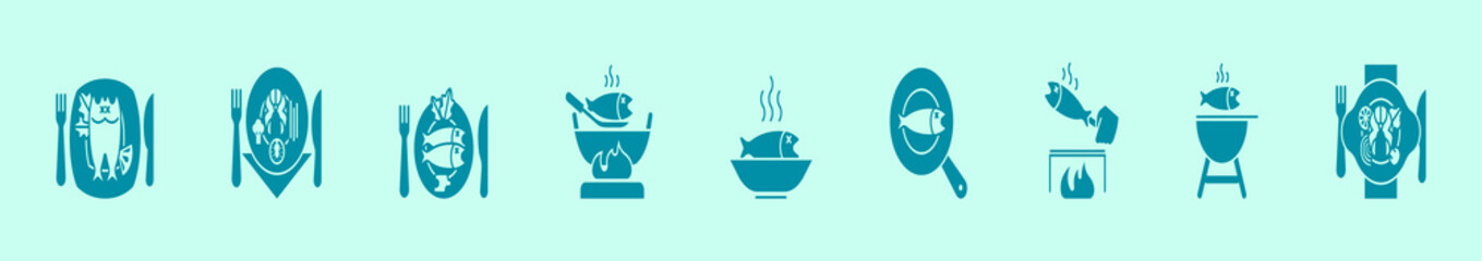 set of fish fry cartoon icon design template with various models. vector illustration isolated on blue background