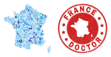 Vector collage France map with vaccine icons, receipt symbols, and grunge healthcare rubber imitation. Red round watermark with grunge rubber texture and France map word and map.