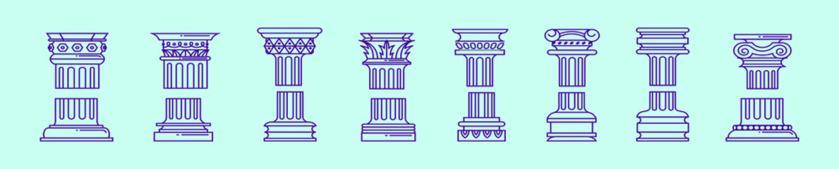 set of roman pillar cartoon icon design template with various models. vector illustration isolated on blue background