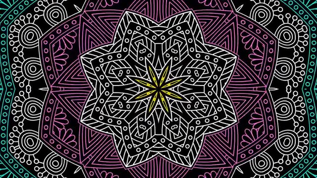 Abstract kaleidoscope background. Beautiful kaleidoscope seamless pattern. Zentangle background animation. Unique kaleidoscope design.