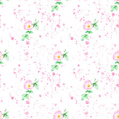 Watercolor seamless floral pattern with pink Rosehip(wild rose) flowers and splashes.On white background.For wrapping paper,fabrics,textiles,clothes,linens,wallpaper,cards and others projects.
