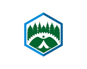 Hexagonal shape with pine forest and gear tent inside