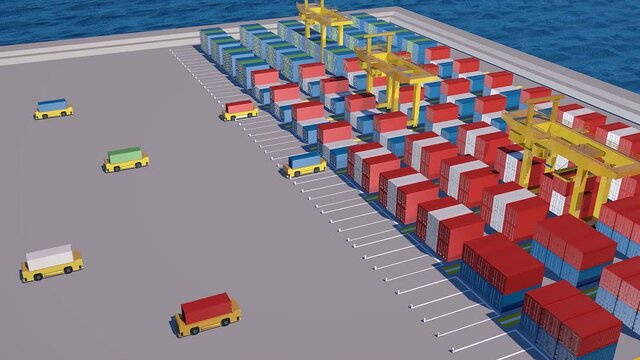 3d concept of an automated shipping dock  with a variety of containers being docked. 