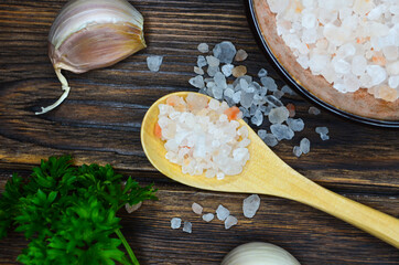 pink himalayan salt top view, seasoning, food concept, ingredient for cooking