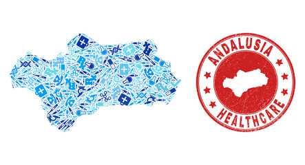 Vector mosaic Andalusia Province map with treatment icons, analysis symbols, and grunge healthcare seal. Red round seal with distress rubber texture and Andalusia Province map tag and map.