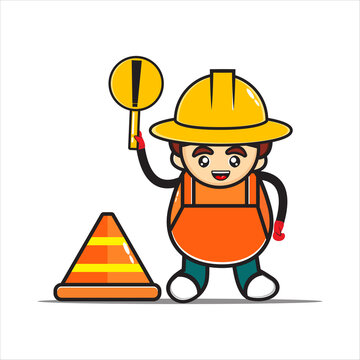 The cute mascot construction design provides a warning sign