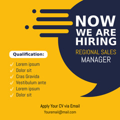 Job recruitment regional sale manager design for companies. Square social media post layout. We are hiring banner, poster, background template