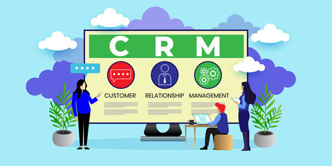 CRM, Customer relationship management concept With icons. Cartoon Vector People Illustration