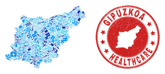 Vector collage Gipuzkoa Province map with vaccine icons, analysis symbols, and grunge health care stamp. Red round stamp with scratched rubber texture and Gipuzkoa Province map caption and map.