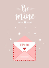 Valentines day greeting card. Pink envelope set in cartoon style. Mail with love message. I love you. Be mine. Cute design concept for 14 february. Vector illustration in flat cartoon style
